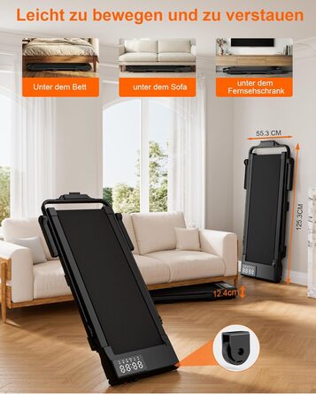 Складана бігова доріжка MJWW Raceable Walking Pad з нахилом 6-9%, 3.0 HP, керування через додаток, AI-тренування, LED-дисплей, для дому та офісу (Чорна, 95 см)