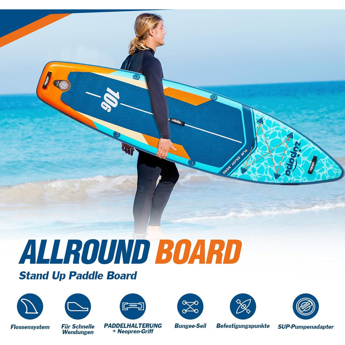 Надувний SUP Борд Zupapa 366см/320см | Комплект Stand Up Paddle Board з сидінням для каяка | З аксесуарами (320см, 366см, Чорний, Білий, Сірий, Синій, Оранжевий)