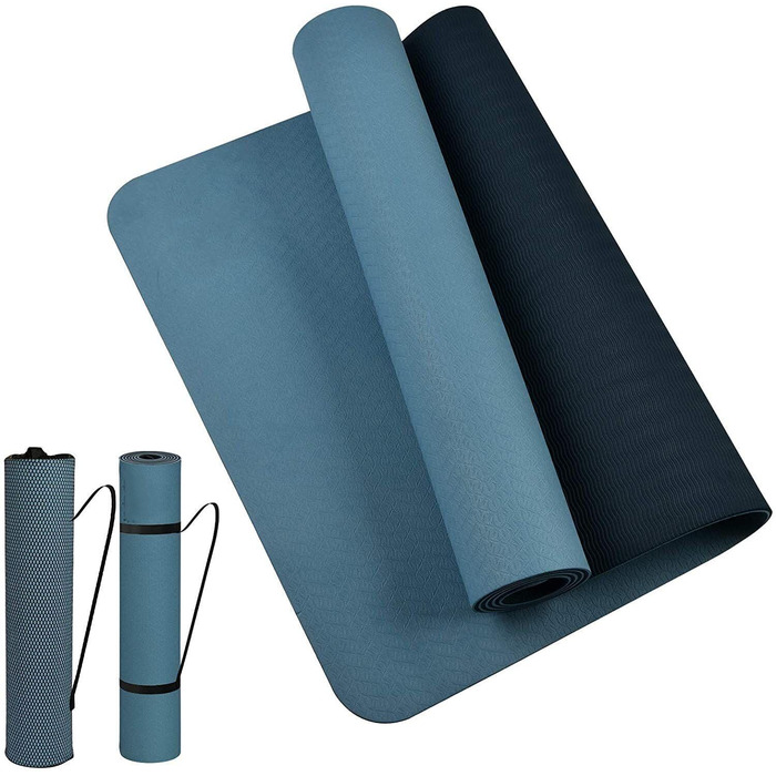Йогамат (Yogamatte) подвійна 183x61x0.6 см, водонепроникна, для пілатесу, спорту, фітнесу, медитації (синьо-чорний) + сумка