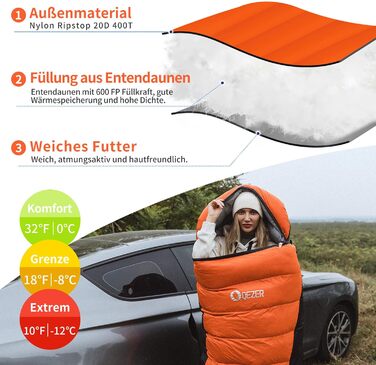Сплячий мішок пуховий зимовий, 600FP+ Premium, 12°C -24°C, 3-4 сезони, для кемпінгу, трекінгу, походів, оранжевий