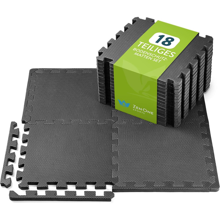 Захисний килимок ZenOne Sports 30x30x1 см, 18 шт — модульний гумовий килимок для підлоги, тренажерного залу, фітнесу, домашнього спортзалу, чорний