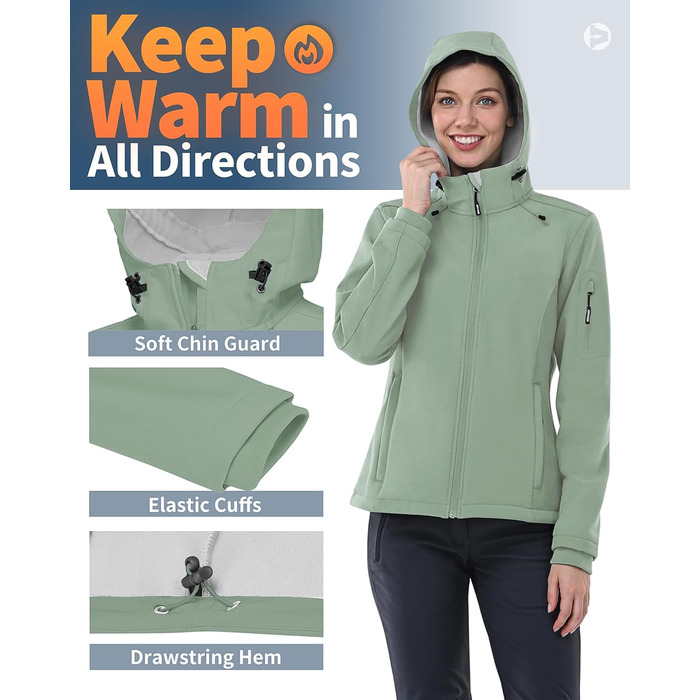Жіноча мембранна куртка Outdoor Ventures Softshell — водонепроникна та дихаюча вітрівка з капюшоном, колір світло-зелений, розмір L