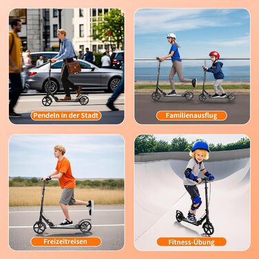 Роликовий самокат Uluck Roller Erwachsene для дорослих та підлітків, 200 мм, дискові гальма, складаний, з ременем та подвійною амортизацією (Чорний)