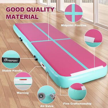 FBSPORT Airtrack Matte - килимок для гімнастики та йоги, 300x100x20 см, зелено-рожевий, з насосом та сумкою