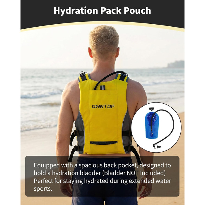 Рятувальний жилет Owntop для дорослих та юнаків з пискликом та рюкзаком для води | Легка унісекс куртка для SUP, каякінгу, риболовлі та інших водних видів спорту (XXS, жовтий)