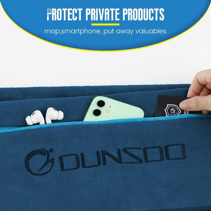 Рушник для фітнесу DUNSOO 120x50 см: мікрофібра, кишеня на блискавці, для спортзалу та тренувань. Marineblau (темно-синій)