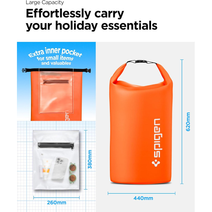 Водонепроникний мішок Spigen Aqua Shield 30L: Сумка, рюкзак для пляжу, плавання, кемпінгу, риболовлі, каякінгу (Sunset Orange)