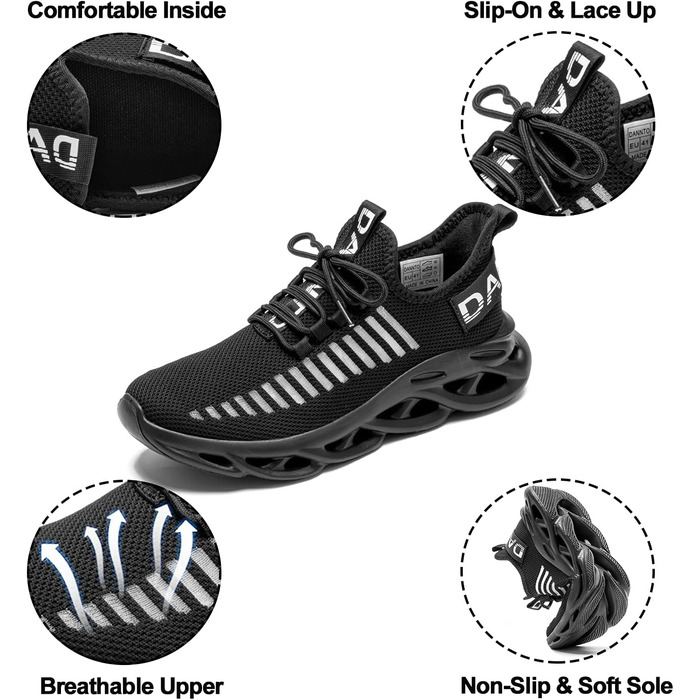 Кросівки для бігу DANNTO - чоловічі та жіночі, спортивні, легкі, дихаючі, з антиковзаючою підошвою, для занять у залі, фітнесу, вуличної бігової підготовки, чорні, 44 EU