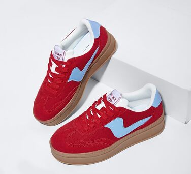 Жіночі кросівки на платформі LUCKY STEP – модні масивні кросівки, зручні шнурівки для повсякденного носіння та прогулянок з прошитими деталями, чорно-білі (червоно-сині, 36 EU)