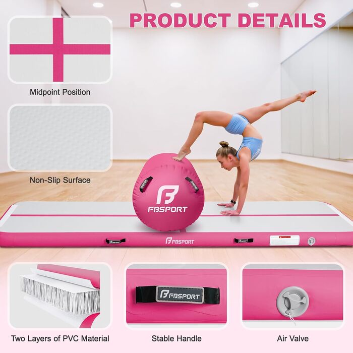 FBSPORT Килимок для гімнастики та йоги надувний, 400x100x10 см (рожевий) з ролею 100x60 см, 10 см товщини