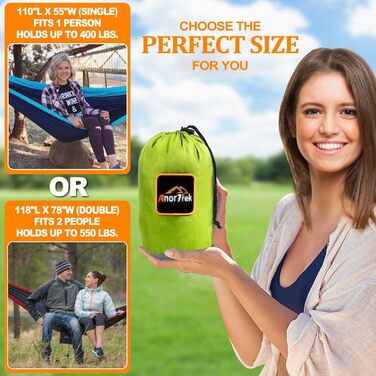 Гамак Anortrek Outdoor для 2 осіб, 300x200 см, до 249 кг, Ultraleicht, з ременями для дерев, дихаючий нейлон, для кемпінгу, подорожей, пікніків, садівництва, зелено-сірий