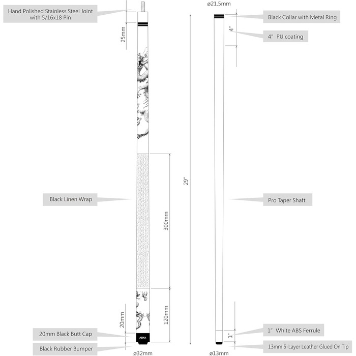 Більярдний кий ASKA Golden Dragon з ірландського льону, 13 мм багатошарова тверда вершина, вага 538 г