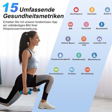 Вага Healthkeep для вимірювання жиру та м'язів - вага для визначення складу тіла з дисплеєм, вимірює 15 показників (сердечний ритм, ІМТ), цифрова вага-переможець у тесті з додатком для iOS та Android (280 Marmorgrün)