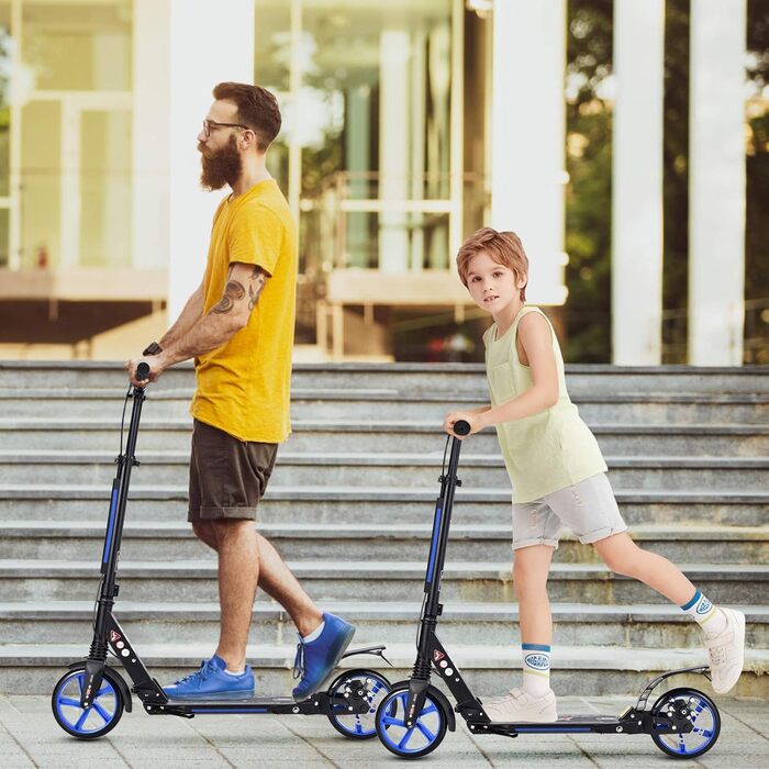 GYMAX Станкер для трюків (вікові обмеження: діти та дорослі), розкладний, з колесами 200 мм, подвійна підвіска, дзвінок та ремінь для перенесення, до 100 кг, блакитний