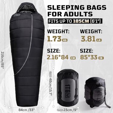 Спальний мішок Mummy Ultralight 4 сезони, військовий, вітрозахисний для кемпінгу, туризму, подорожей з капюшоном та кишенею для телефону, чорний