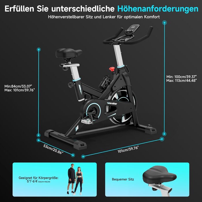 Велотренажер Wenoker з додатком, амортизаційна система, регульований магнітний опір, LCD дисплей та кріплення для планшета, тихий фітнес-велосипед до 160 кг, синій/чорний