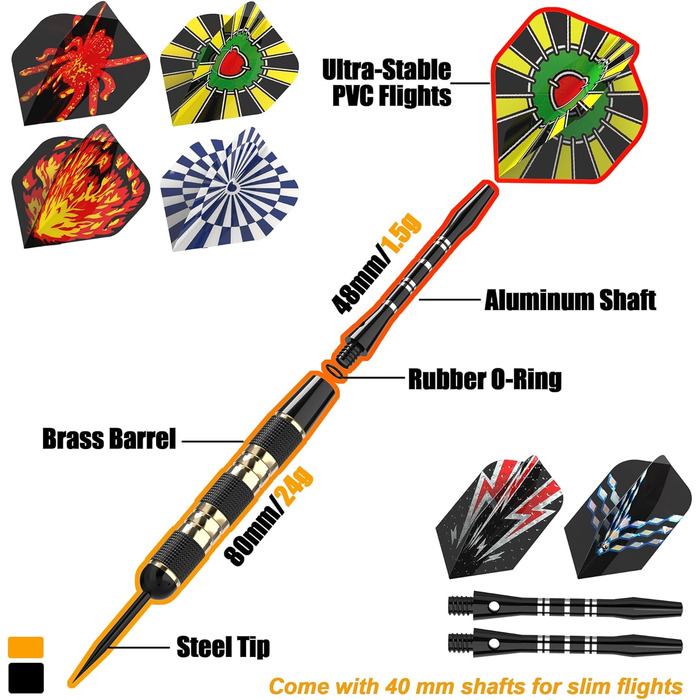 Професійні дротики Alyoen Metallspitze (6 шт) 20/24/26 г з алюмінієвими стеблями, пір'ями, точилом та захистом для польотів