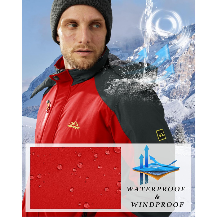 Зимова куртка KEFITEVD для чоловіків: водонепроникна, тепла, з капюшоном, Softshell, флісова, червона, XL