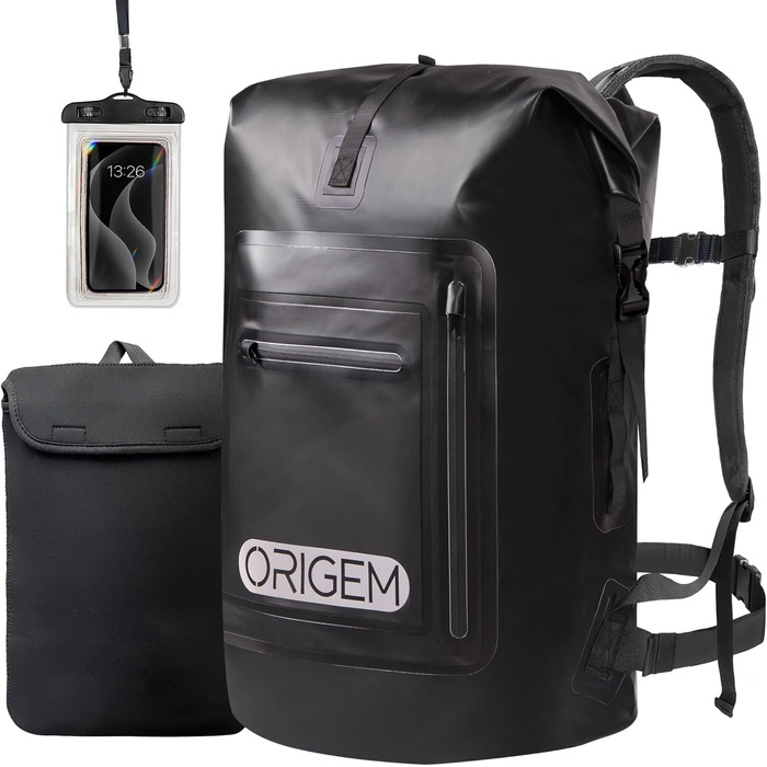 Водонепроникний рюкзак Origem 55L з ролтопом, 35-85L, для каякінгу, риболовлі, рафтингу, дайвінгу та повсякденного використання (Чорний)