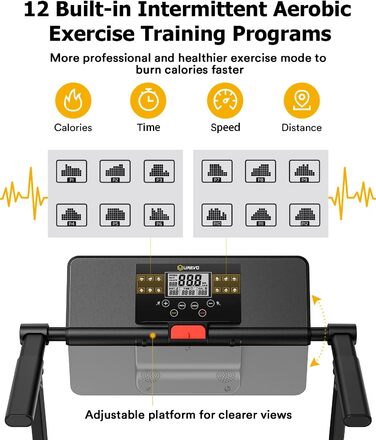 Біговий тренажер UREVO для дому, 2.25PS, складний, з 12 програмами HIIT, компактний, для дому/офісу, економія місця, широка бігова доріжка, LCD-дисплей, чорний