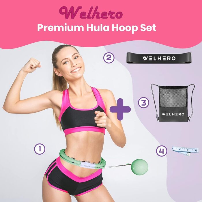 Розумний хулахуп WELHERO для дорослих і початківців, регульований обруч 66-121 см XXL, для схуднення, з вагою, лічильником, масажними нопами, сумкою та фітнес-стрічкою, тихий
