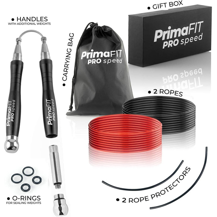 Скакалка PrimaFIT для дорослих, професійна, 3 м, зі змінними вагами, 2 підшипники, нековзні ручки, для боксу, MMA, кросфіту, сталева, чорна, з сумкою
