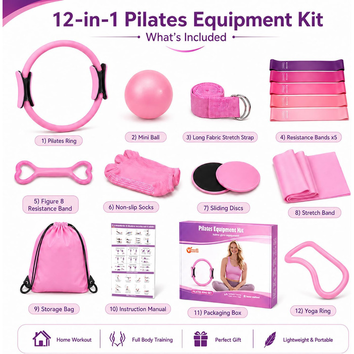 Pilates Ring 12-в-1: Набір для пілатесу з м'ячем, гумовими стрічками, дисками для ковзання, шкарпетками та сумкою, Рожевий