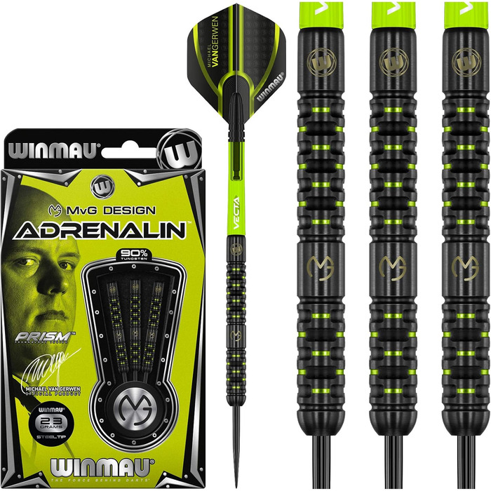 Дротики WINMAU Michael Van Gerwen MvG Adrenalin 23 г професійні, вольфрамові, для дартсу, з наконечником Steeltip, комплект з оперенням і шафтами