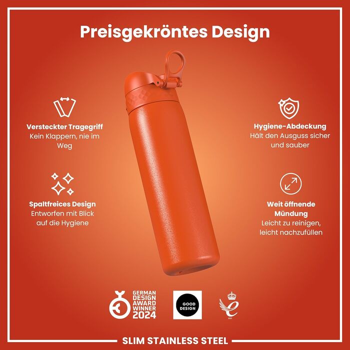 Фляга для води ION8 Leicht, 600 мл, сталь, оранжева - неізольована, з клапаном, зручна для миття