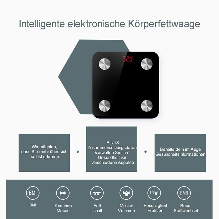 Ваги для вимірювання жиру в тілі Nilpferd, цифрові ваги, аналіз складу тіла з APP та Bluetooth, 180 кг, високоточні сенсори, сумісність з iOS та Android, батареї в комплекті, чорний