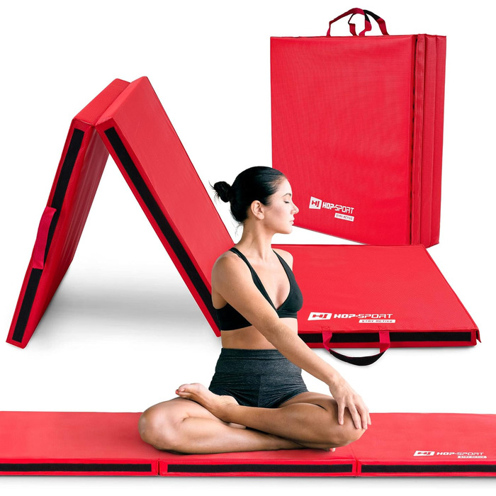 Складаний гімнастичний мат Hop-Sport 180x60x5 см, червоний, товщина 4/5 см – фітнес-мат для дому з ручками та липучкою
