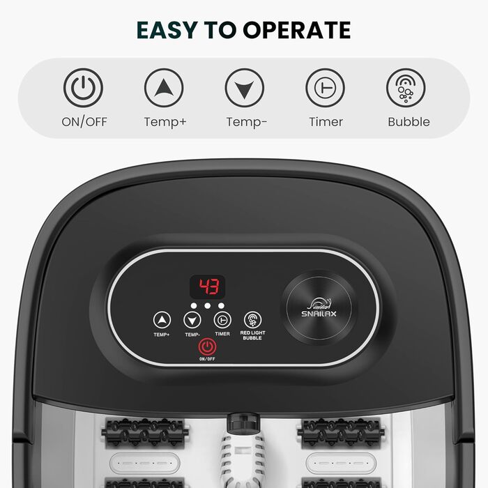 Електрична ванночка для ніг Snailax з масажем та підігрівом, 14 режимів нагріву, ролики Shiatsu, бульбашки, червоне світло, таймер, складна, чорна