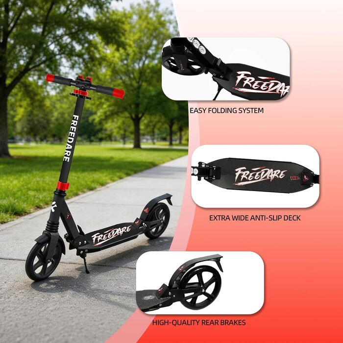 Самокат FREEDARE Cityroller складний для дітей та дорослих, колеса 200 мм, до 100 кг (Чорно-червоний)