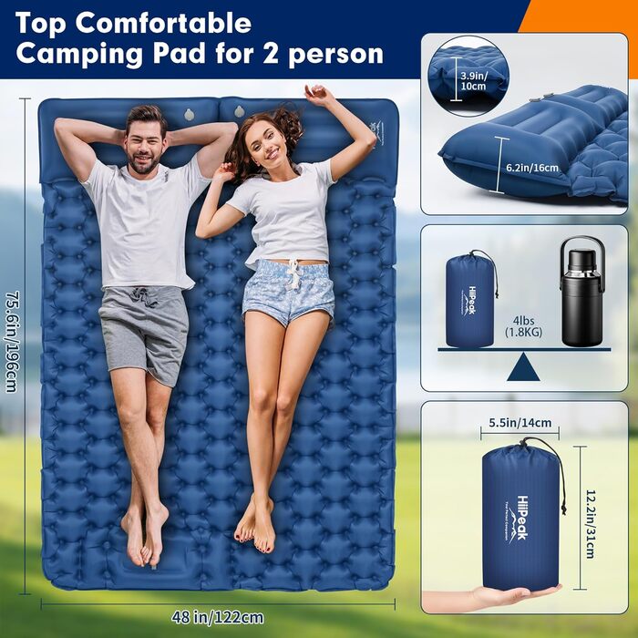 Каремат HiiPeak Isomatte самонадувний туристичний, з інтегрованими подушками, для кемпінгу, блакитний (подвійний)