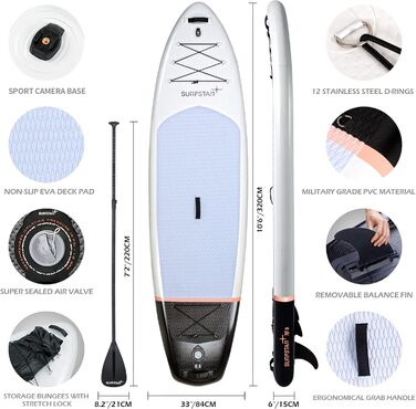 Надувний SUP Борд Surfstar з тримачем для камери, 320x84x15 см - Комплект для підлітків та дорослих з аксесуарами. Білий, алюмінієве весло
