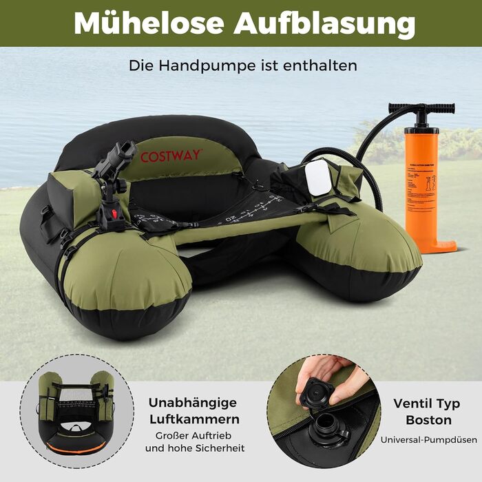 Надувне рибальське човен GYMAX з насосом, веслами, ластами та тримачами для вудок, belly boat з сіткою для риби та столиком для приманок, вантажопідйомність до 150 кг (зелений)