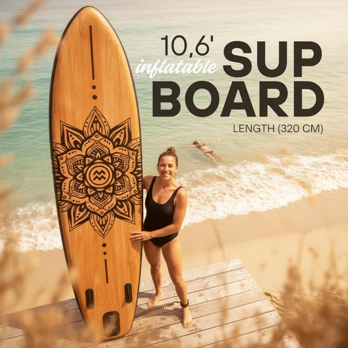 SUP дошка Matchu Komplettset – Дошка для Stand Up Paddling (SAP) – Чорна, 320x81x15 см, до 150 кг, антиковзке покриття, дерев'яний дек/мандала
