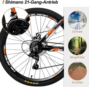Гірський велосипед Hiland MTB 26/27,5 дюймів, алюмінієва рама, дискові гальма, підлітковий, чоловічий/жіночий, спицеві колеса, білий/чорний, чорний/помаранчевий, 26 дюймів