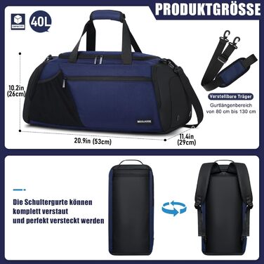 Спортивна сумка для чоловіків 40L, велика, рюкзак-сумка для подорожей, багато кишень, відділення для взуття, вологонепроникний рюкзак для плеча та рук, тренувальна сумка, сумка-weekender, спортивні сумки (темно-синій)