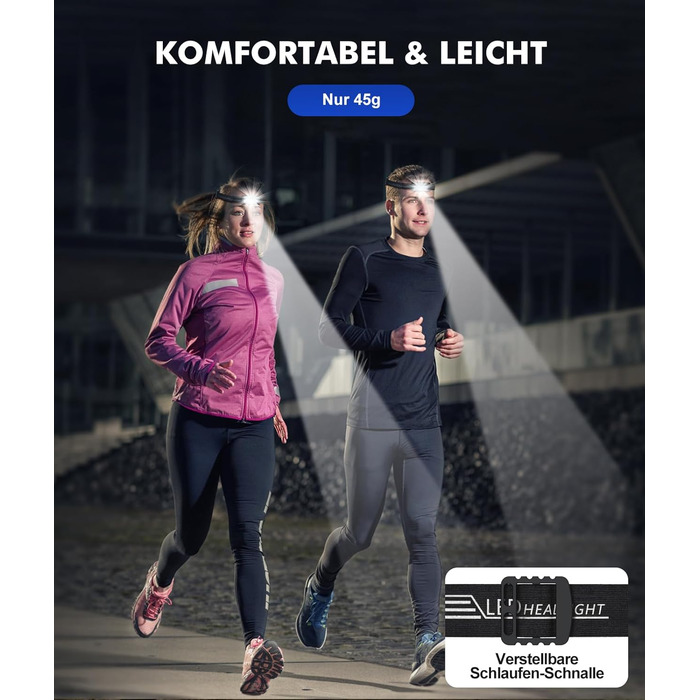 Налобний ліхтар LED, 2 шт. - перезарядна суперяскрава модель з 5 режимами, біле та червоне світло, IPX4 вологостійкий, регульований кут 60° для бігу/кемпінгу/дорослих