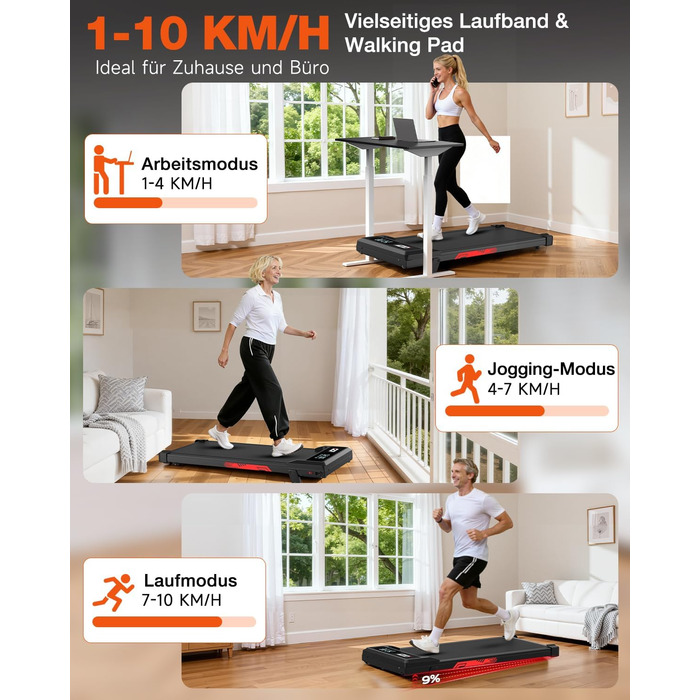 Бігова доріжка електрична складана з кутом нахилу 9%, 1-10 км/год Walking Pad для дому та офісу, двигун 3.0 к.с., LED-дисплей, амортизація, до 140 кг, чорна