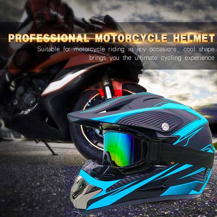 Мотошолом Racing Motocross з окулярами та рукавичками (4 шт.) - комплект для безпеки на мотоциклі, байку, оф-роуду, для дорослих та дітей, блакитний (56-57 см)