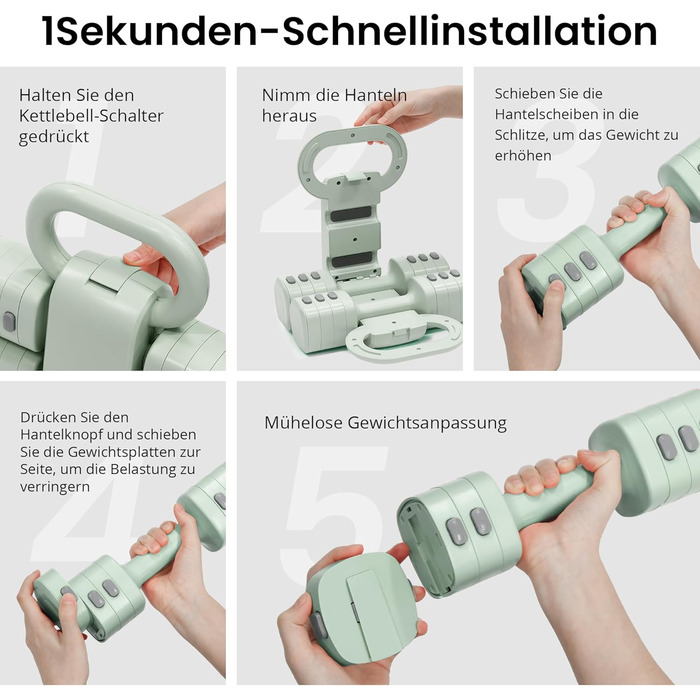 Регульований гантельний комплект 2-в-1 для жінок – 4 рівні (1-5,5 кг) – обладнання для фітнесу вдома, зелені гантелі