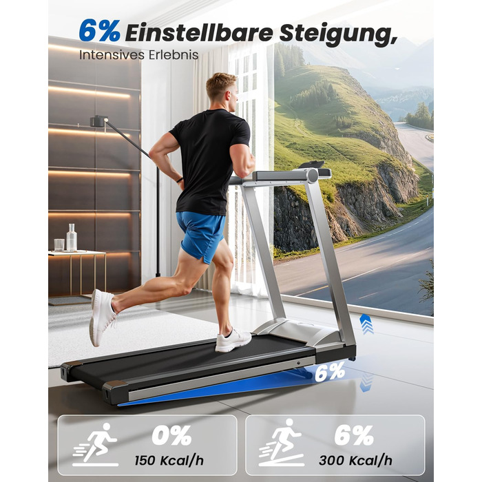 Складне бігове доріжки для дому Klappbar 16 km/h, Walking Pad Foldable з нахилом 6%, бігове доріжки 158 KG велика площа бігу 112 * 42cm, бігове доріжки тихе для дому та офісу (Срібно-Чорний)