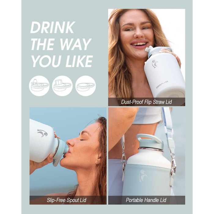 Coolflask пляшка для води 2 л з нержавіючої сталі з PU-чохлом, термос з металу із кришкою зі соломинкою, тримає холод 48 годин, гаряче 24 години, небесно-блакитна