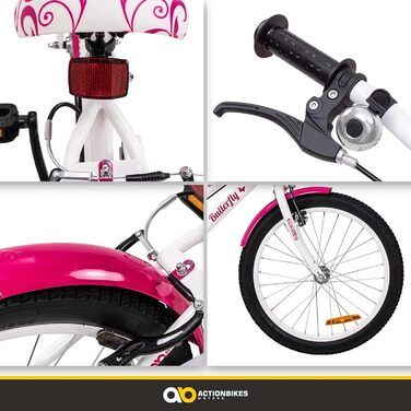 Детский велосипед Actionbikes Butterfly, 20 дюймов, V-Brake тормоза, защита от грязи спереди и сзади, для девочек 6-9 лет, белый/розовый
