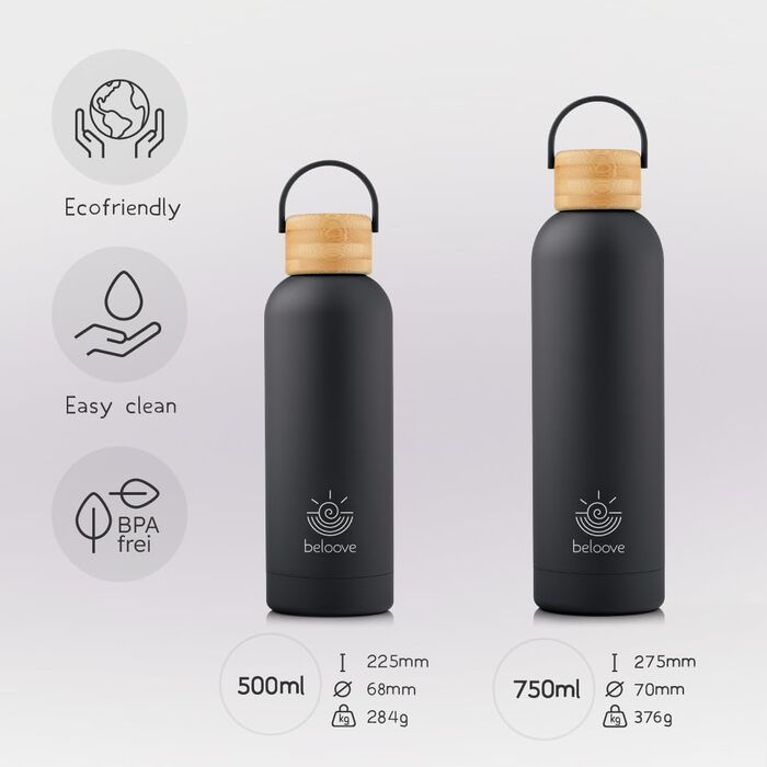Термос-бутилка beloove з нержавіючої сталі, BPA Free, подвійні стінки, не протікає, підходить для газованої води, ударостійке порошкове покриття, 500/750 мл