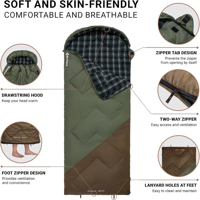 Сплячий мішок KingCamp для дорослих, зимовий | Фланелевий, теплий, 3-4 сезонний, великий, легкий, водостійкий, 2,2 кг, Beangreen/Braun (для кемпінгу, трекінгу, хайкінгу)