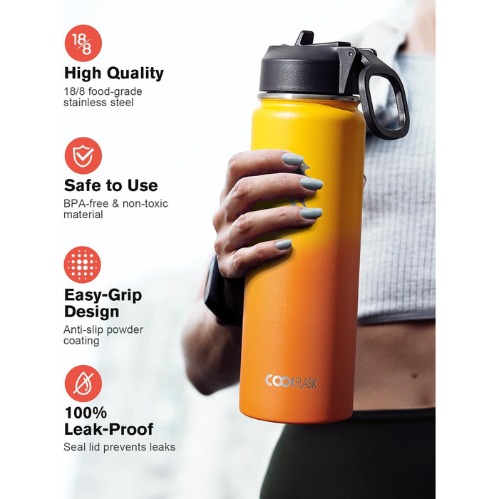 Фляга Coolflask 1,2 л з ізоляцією та соломинкою, нержавіюча сталь, 3 кришки, для спорту та офісу, зберігає холод до 48 годин, тепло до 24 годин, сіро-зелений колір (Ombré жовто-помаранчевий, 591 мл)