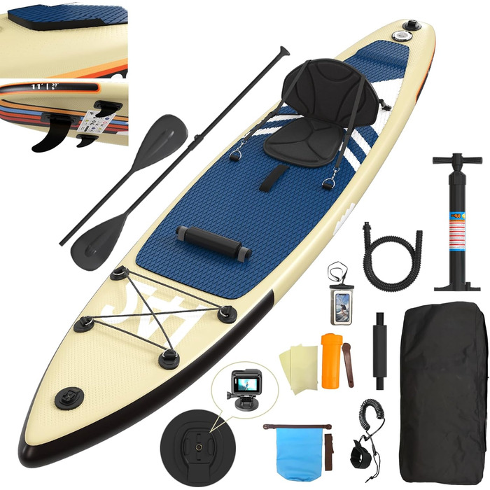 Надувний SUP борд JUMMICO Stand Up Paddle з каяком, 330x76x15 см, до 160 кг, для серфінгу, риболовлі, йоги (Хакі)